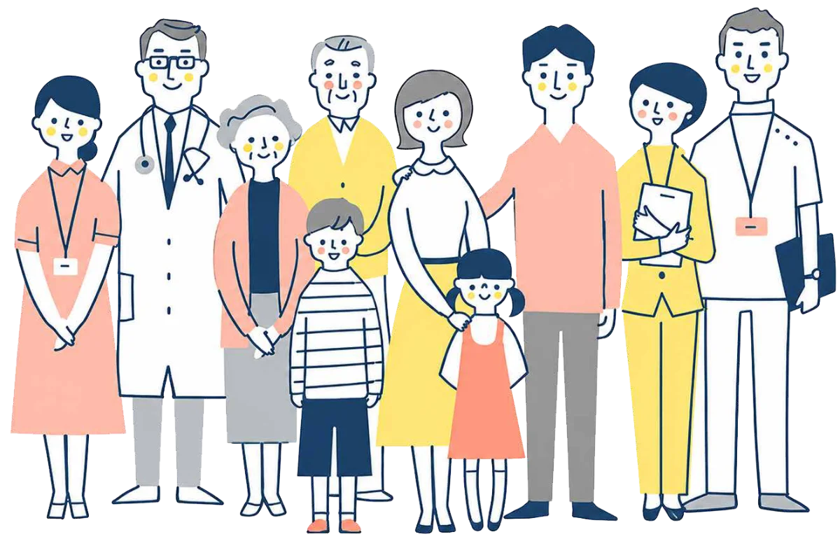 様々な医療従事者と家族のイラスト